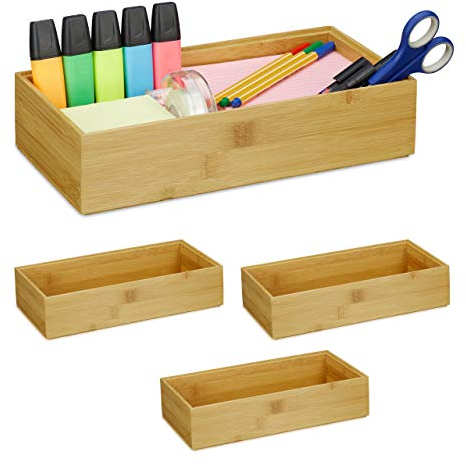 Relaxdays 4 x Ordnungsbox Bambus, stapelbar, natürliche Optik, Aufbewahrungsbox Küche, Bad, Dekobox HxBxT: 7 x 30 x 15 cm, natur