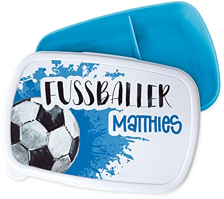 GRAZDesign Brotdose Kinder personalisiert, Lunchbox Kindergarten und Schule, Brotbox in Blau mit Unterteilung, Name und Fußballer, Geschenk zu Einschulung, Blau