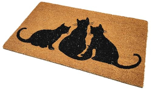 Black Ginger Large, Thick, Decorative, Patterned Coir Door Mats with Nature Designs (Cat Trio)