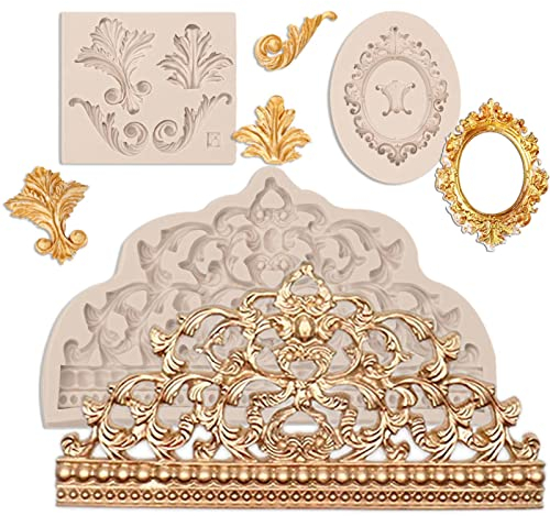 Lot de 3 moules en silicone pour fondant en forme de couronne - Cadre photo baroque - Moule à chocolat pour décoration de gâteau - Pâte à gomme - Argile polymère