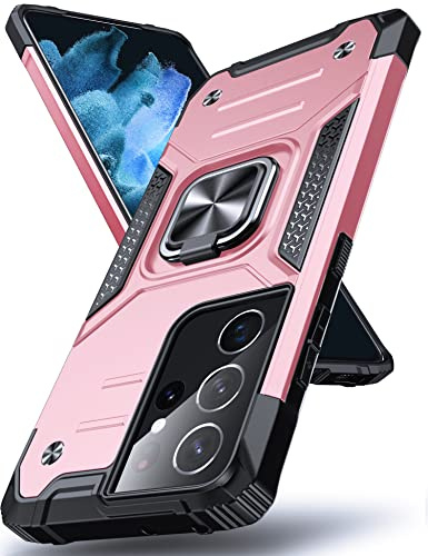 DASFOND Galaxy S21 Ultra 5G Coque, Housse de Protection Antichoc de Qualité Militaire, Etui avec Anneau Métallique Améliorée [Support Magnétique], Compatible avec Samsung Galaxy S21 Ultra, Or Rose