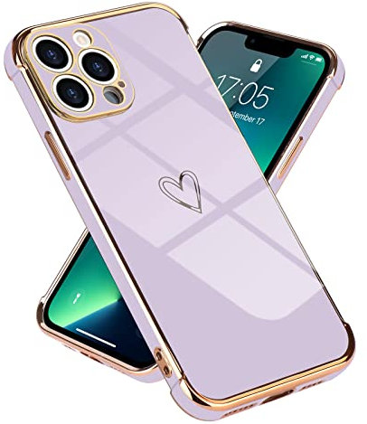 Micoden for iPhone 13 Pro Max Case Cute Girls Silicone Heart Pattern Design Cases Fashion Plating Edge Ultra Thin Shockproof Protective Bumper Phone Case for iPhone 13 Pro Max Purple