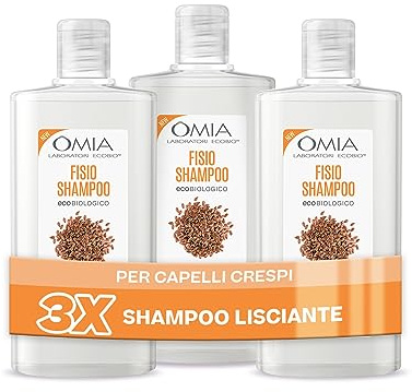 Omia, Fisio EcoBio Shampoo mit Leinöl für krauses Haar, Glättend und Korrigierend, Shampoo für häufiges Waschen, Ohne Silikone und SLES, 3 Flaschen à 200 ml - Exklusiv bei Amazon