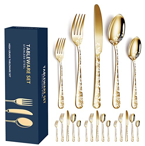 XIAOYU 20-Piece Flatware Set, Stainless Steel Silverware Cutlery Set for 4, Unique Pattern Design, Includes Dinner Knives/Forks/Spoons, Dishwasher Safe, Gold