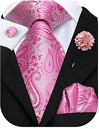 Hi-Tie Seidenkrawatte und Einstecktuch Manschettenknöpfe, Reversnadel-Set, Jacquard, Hochzeit, Business, Krawatte für formelle Anlässe, Rosa a, M