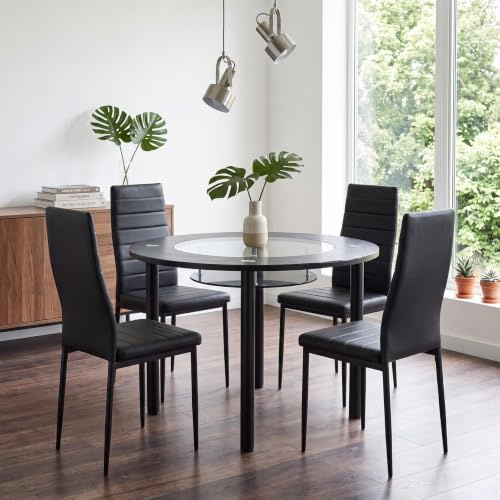 Glass Round Dining Table and 4 Chairs Set Tempered Black Kitchen Furniture | KOSY KOALA Round Dining Table & Chairs Set Tempered Black Glass Kitchen Table & 4 Black Faux Leather Dining Chair 90x90x75 cm