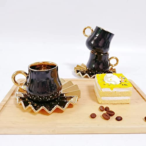 Cinar Medusa Luxus Gold Espressotassen 12 TLG für 6 Personen Tassen + Untertassen 75 Ml mit Goldteller mit Geschenkverpackung