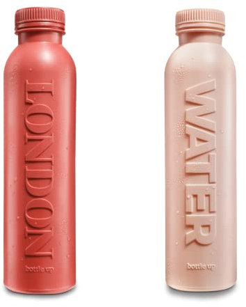 Bundle of Bottle Up London Red 500ml + Champagne Pink Reusable Water Filled with English Still Spring Water, Plant-based Bottle, BPA Free, Eco Friendly