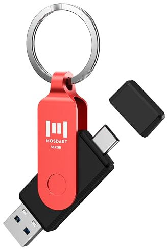 MOSDART Unidad flash dual USB C de 512 GB, velocidad de hasta 150 MB/s con llavero, 2 en 1 OTG USB 3.1 tipo C, memoria USB 3.1 para teléfonos Android USB-C, iPhone 15, MacBook, iPad, ordenadores, etc