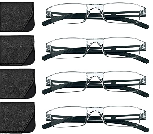 Hubeye 4er-Pack Rahmenlose Lesebrille schwarze Leicht und Bequem Anti Blaulicht Lesehilfe für Damen Herren mit Brillenholster 2.00
