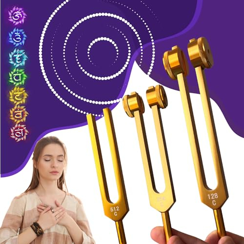 Stimmgabel x3 - Professionelle Therapeutische Stimmgabeln 128 Hz, 256 Hz, 512 Hz | 3er-Set aus vergoldetem Aluminium