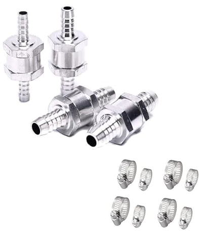 4 Stück Kraftstoffrückschlagventil Rückschlagventil aus Aluminium für Benzin Wasser Marine Legierung Chrom Auto Auto Vergaser 6 mm 8 mm 10 mm 12 mm mit 8 Schlauchschellen.