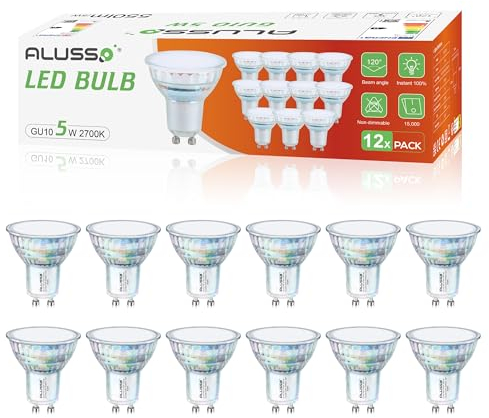 ALUSSO GU10 Led Warmweiss 2700K 12er Pack, 5W 550lm Classic GU10 Lampe, Ersetzt 70W Halogen Leuchtmittel, Abstrahlwinkel 120° Spot, Nicht Dimmbar Reflektorlampen