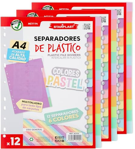 Starplast Confezione da 36 separatori pastello - per raccoglitori o raccoglitori 2-4 anelli, organizzatori, polipropilene, indice, multi-trapano, classificatore, uso scolastico o da ufficio.