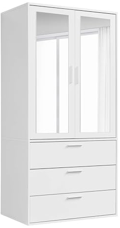 mokebo Kleiderschrank mit Spiegeltüren 2-türig & 3 Schubladen 'Der Grenzenlose', Spiegelschrank, Schlafzimmerschrank, Garderobenschrank mit Spiegel in Weiß, Schrank aus Holz in 90x187x58 (BxHxT)