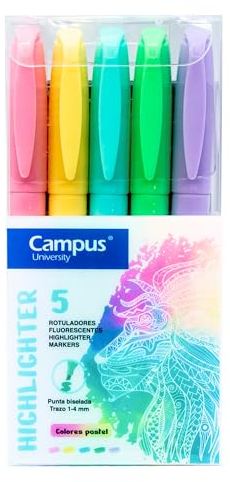 Campus – Subrayadores Pastel, Lápiz marcador con Punta Biselada, Pack de 5 Highlighter Pen de Colores Pastel, Rotuladores Resaltadores de Base al Agua (Pack de 5 Pastel)
