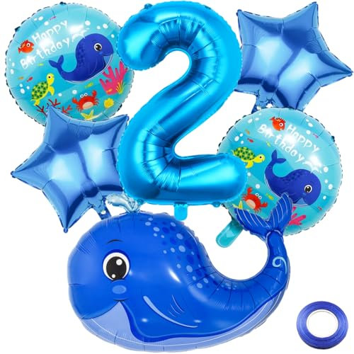 Kawailay 2. Geburtstag Deko Meerestier 2. Geburtstag Deko Ballons Wal Folienballon Blau Zahl 2 Luftballon für Jungen 2 Jahre Party Motto Party
