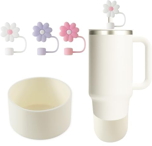 Lot de 4 accessoires pour Stanley Cup Adventure Quencher, 1 protection de sol et 3 couvercles de paille pour paille de 9 à 10 mm (blanc crème) (gobelets non inclus)