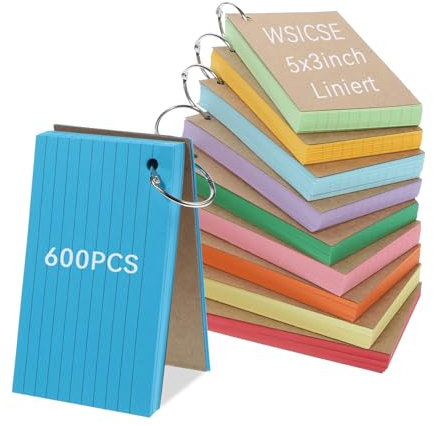 Flash Cards 5x3 Inch, 600 Pcs Coloured Revision Cards Lined Flash Cards with Ring, Record Cards Study Cards for Exams School Office Home Supplies