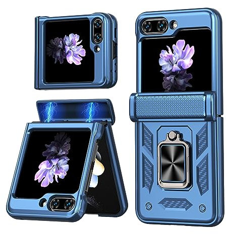LIUKM Funda para Samsung Galaxy Z Flip 6, Cubierta de cámara Deslizante Proteger Militar Antigolpes Protectora Carcasa con 360° Magnético Soporte Silicona TPU + PC Rugged Bumper Case Cover- Azul