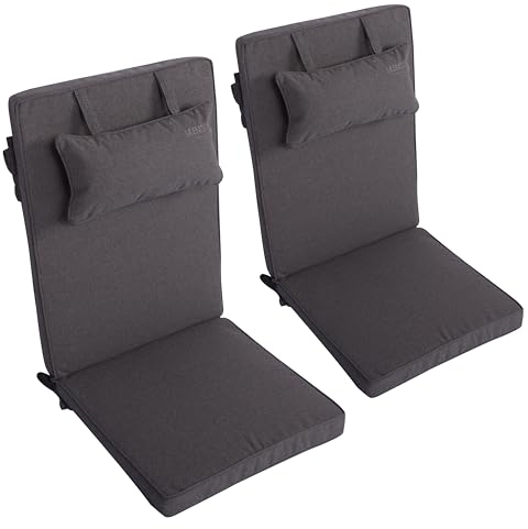 LILENO HOME Gartenstuhl Auflagen mit Kopfkissen [2er Set - Hochlehner] in Anthrazit - Sitzauflagen für Gartenmöbel - Stuhlkissen für Gartenstühle und Klappstühle Dub