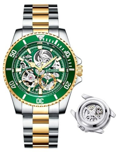 DAXIAOYU Herrenuhr Vollautomatische Mechanische Uhr Hohl Mode Wasserdicht Student Male Watch Water Ghost Series Tourbillon Uhr, Goldgrün, Luxuriös