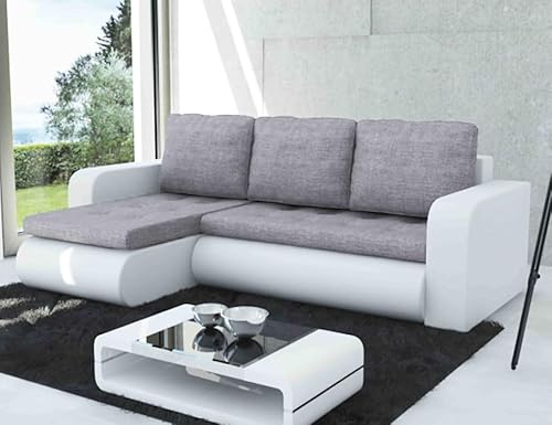 Easy4You Brooklyn Grau und Weiß Kunstleder Ecksofa L-Form 245 cm mit Schlaffunktion und Stauraum - Schlafsofa mit Bettkasten - Moderne Wohnzimmermöbel – Stoff: Lux 32/Soft 17