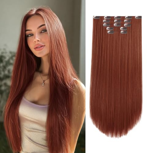 Invisible Straight Clip in Hair Extensions 26 Inch Long Thick Synthetic Hair Extensions Soft and Beautiful Copper Red Heat Resistant for Women 225g