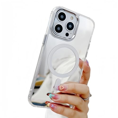 Mirror Magnetic Case for iPhone 15 Pro Max [Compatible with MagSafe] Cute Glass Glossy Mirror Back Case for Women Girls Makeup Cover with Clear Soft TPU Bumper Slim Frame Phone Case 6.7 inch