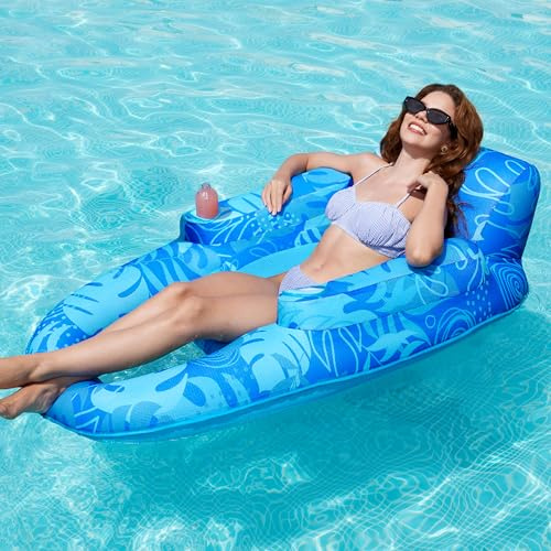 SLOOSH Lettino Gonfiabile Premium per Piscina per Adulti, Materassino Galleggiante in Tessuto con Portabicchieri e Schienale Reclinabile, Perfetto per Festa Estiva (Blu)