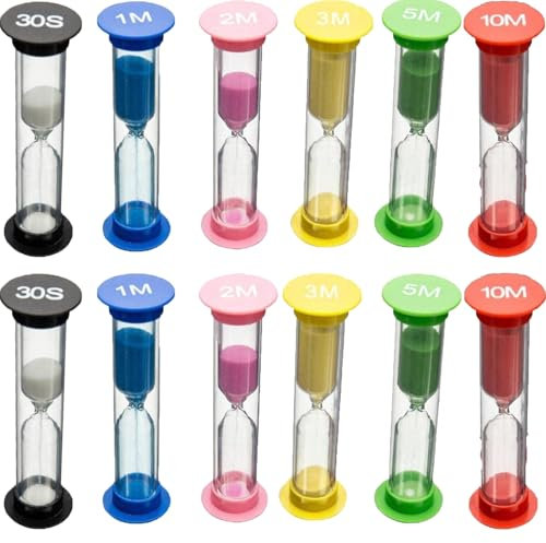 12 Stück Sanduhr für Kinder Timer Farbige Sanduhren Set 30sec /1/2/3/5/10 Minuten, Kleine Timer Sanduhr, Sanduhren Set Für Kinder, Geeignet Schule, Haus Dekoration Spiel Requisiten, Bunt