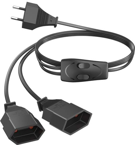 HITRENDS 2M Stromkabel Verlängerung Netzkabel, 2-in-1 mit Schalter Verlängerungskabel, Typ-C-Stecker Eurostecker auf Doppel Typ-C Euro Buchse, 0,75 mm² Max. 2,5A/250V fürTV PC Haushaltsgeräte Schwarz