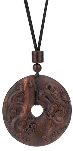 Chiorgone Collana con ciondolo in legno di agar fatto a mano per uomo/donna, ciondolo intagliato a doppia faccia con drago e fenice con catena in corda regolabile, gioiello buddista regalo per lui.