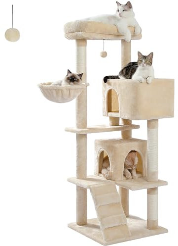 PETEPELA Arbre à Chat de 143cm avec Coussin Amovible, Poteau Griffoir, Condo Double, Large pour Les Gros Chats, Beige