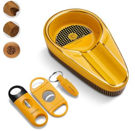 CLZOONG Cigar Ashtray with Cigar Cutter Set Portable, include Cigar Ceramic Ashtray, Enlarge Cigar Guillotine Sharp V-Cut Cutter Punch with Gift Box, Cigar Accessories Set for Men (Yellow)