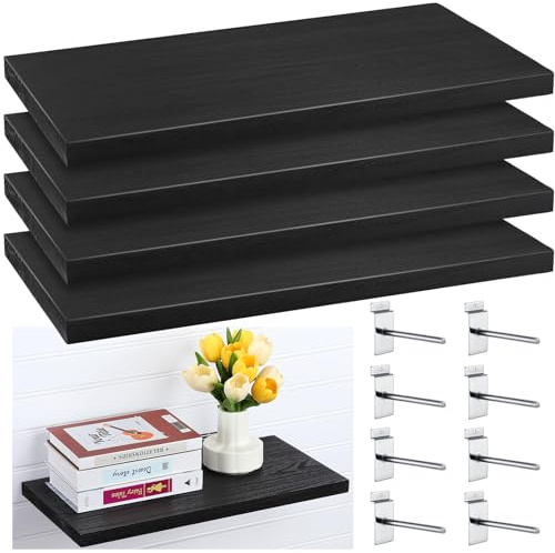Landical 4 Stück Holz-Slatwall-Regal, schwarze Slatwall-Regale mit Metallhaken, Organizer-Set, montiertes Zubehör für Garage, Zuhause, Werkstatt, Werkbank, 59,9 x 30 x 2,8 cm