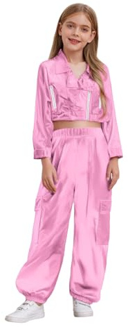 renvena Tuta Sportiva Bambina Ragazza Giacche da Motociclista Giubbotto Pelle con Pantaloni Cargo Metallizzati Abito da Ballo di Strada Jazz Hip Hop Dancewear Rosa 9-10 anni
