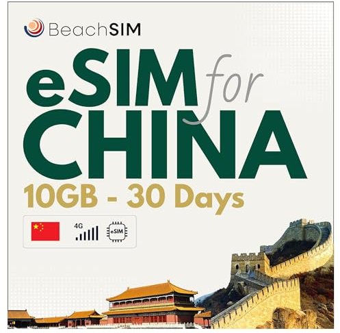 BeachSIM China eSIM 10 GB für 30 Tage. Uneingeschränkter Internetzugang für Google und Whatsapp; kein VPN erforderlich. 4G/5G-Netz. Nur Datennutzung. Funktioniert auf iOS- und Android-Geräten.
