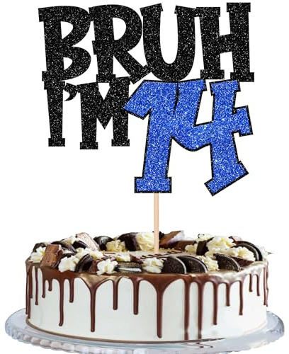 1 Stück BRUH I'm 14 Tortendeko Glitzer Happy 14th Geburtstag Kuchen Deko BRUH I'm 14 Cake Topper für Prost auf 14 Jahre Kinder 14th Geburtstag Party Kuchen Dekoration Schwarz Blau
