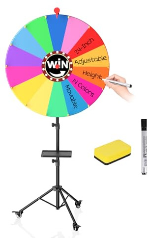EMART 61cm Glücksrad zum Drehen Abnehmbare Preisrad mit Drehrollen | 360°Drehrollen, 14 Farben, Groß Kritzelspiel, 86-152cm Verstellbarer Stativständer