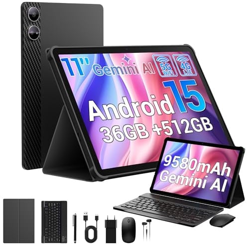 MAXLEGEN Tablet Touchscreen 11 Zoll, Android 15, 36 GB RAM 512 GB ROM/1 TB, 4G LTE Dual SIM + WiFi 5G, Octa Core, Gemini AI, 13 MP + 8 MP, 9580 mAh, GPS, Tablet mit Tastatur/Kopfhörer/Maus/Schutzhülle