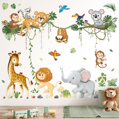 DECOWALL Dschungeltiere Wandtattoo Wandsticker Kinderzimmer (SG2-2501) | Safari-Szene mit Löwe, Elefant, Giraffe, Affen und Koala; selbstklebend, abnehmbar, neu positionierbar und frei arrangierbar