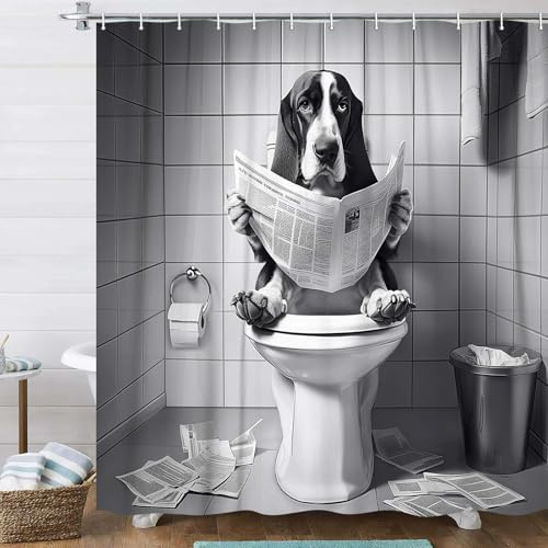 Funny Dog Shower Curtain, Fancy Humor Basset Hound Reading Newspaper on the Toilet Shower Curtains Set, Black and White Art Funky Animal Cute Pet Puppy Waterproof Shower Curtains for Bathroom Decor