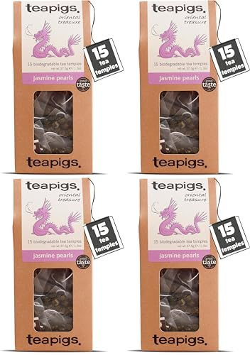 teapigs Jasmine Pearls Tea - Jasmine Green Tea Bags with Hand-Rolled Leaves - Delicate and Refreshing Blend - 15 Temples (Pack of 4)