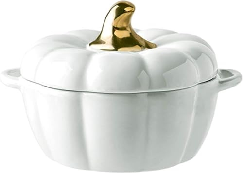Stock Pot With Lid, Ceramic Pumpkin Casserole Dish With Lid, Large Soup Bowl With Dual Handles, Dishwasher Microwave Safe, Enamel Cast Iron Casserole Dish With Lid(White,Large)