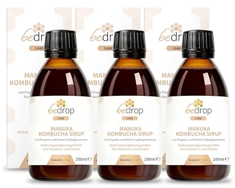 bedrop Manuka Kombucha Sirup I Mit Cholin und Vitamin C I Mit hochwertigem Manuka Honig +500 MGO & Propolis Extrakt - 200ml (3er Pack)