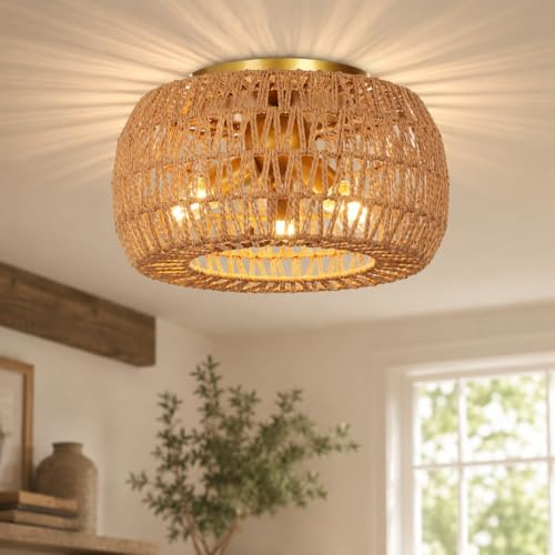 IRONDELIC Deckenlampe Boho 3 Flammig, Deckenleuchte mit Rattan Lampenschirm, Lampe Hängelampe E27 LED, Vintage Lampe für Wohnzimmer, Schlafzimmer, Esszimmer, Flur, Küche, Rund Ø35cm