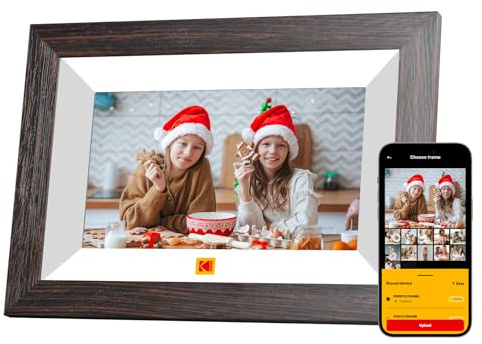 KODAK Digital bildram 7 tum, WLAN digital fotoram 32 GB minne | HD IPS-pekskärm, auto-roat, smart trä elektronisk bildram dela foto och video omedelbart via app var som helst