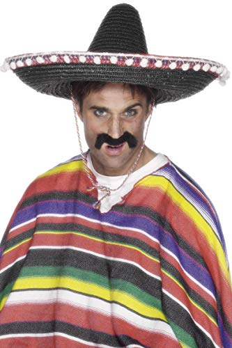 Smiffys Sombrero mexicano de paja, negro, con borlas y cuerda al cuello