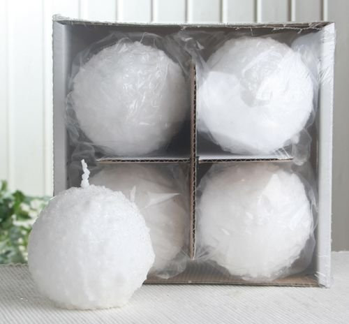 CandleCorner 4er-Set Kugelkerze Schneeball, ca. 8 cm Ø, weiß mit Glitter